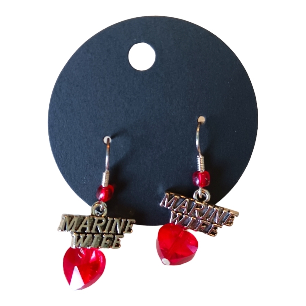 Military Wife Womens Earrings Heart Army Marine Navy Patriotic USA America